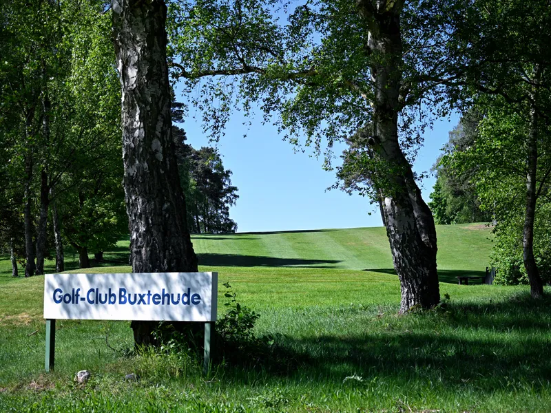 Vereinsschild Golf-Club Buxtehude zwischen Birken am Platzeingang